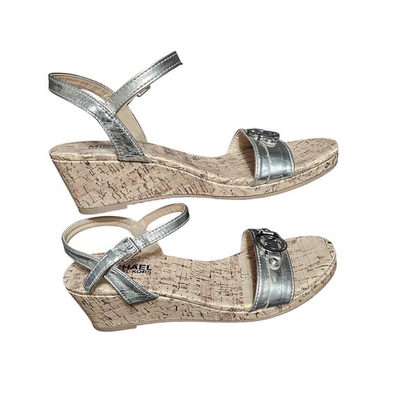MICHAEL KORS Cate Beth MK logo Women's Size 5 Leather Cork Wedge Heel Sandals - Picture 3 of 4